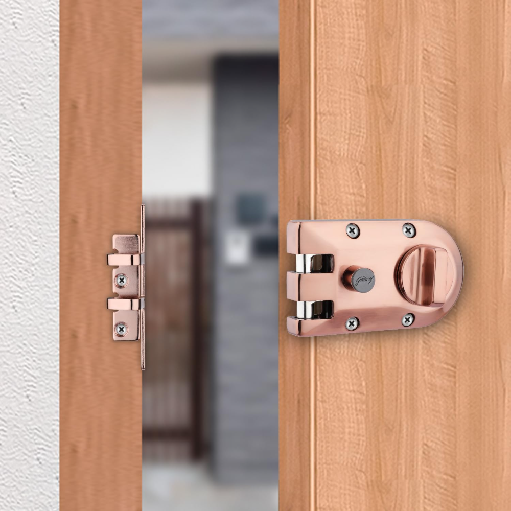 Godrej Rim Lock I Vertibolt 1CK Deadbolt I for Inside Opening Wooden Door | Left or Right Handed Doors I 4 Keys I 5-Year Warranty I Manual Locking l Rose Gold Finish